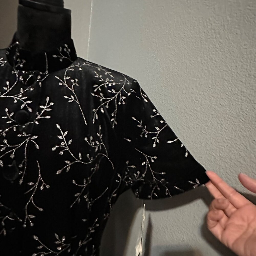 Another Thyme Velvet Maxi Dress 14 Black Floral Glitter Mandarin Collar Formal - Picture 4 of 13